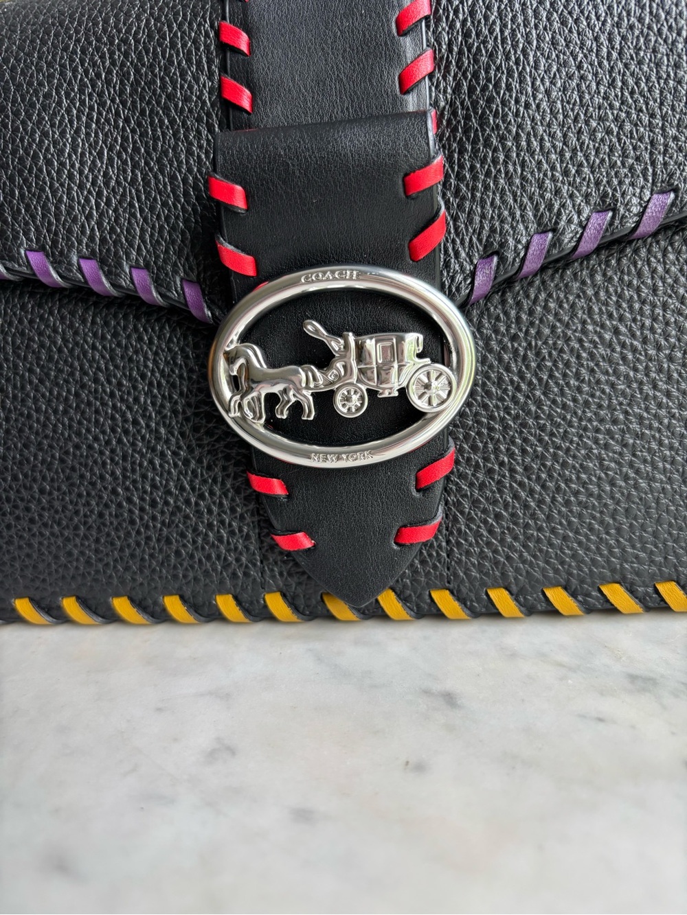 Coach Black Leather Georgie Shoulder Bag with Multicolor Whipstitch - Picture 10 of 13